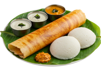 South indian dish with dosa, idli, and chutneys isolated on transparent background