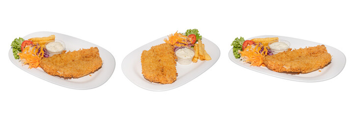 Golden Fish and Chips: A tantalizing trio showcases perfectly golden fish and chips, a culinary classic, arranged on elegant plates, evoking the inviting warmth of a gourmet meal. 