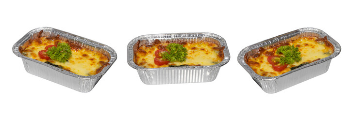 Lasagna in Tray: Sizzling lasagna in a foil tray, culinary presentation, inviting the senses and depicting the warmth of comfort food.