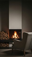 Cozy living room featuring a stylish armchair beside a modern fireplace with crackling flames, surrounded by neatly stacked firewood, creating a warm and inviting atmosphere for relaxation and comfort