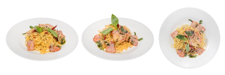 Pasta Dish Trio: Three artfully presented plates showcase a delicious pasta dish, highlighting culinary expertise with fresh ingredients.