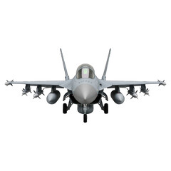 Fototapeta premium Front view of a military jet fighter. Gray aircraft with visible weaponry, nose and cockpit. Detailed design elements