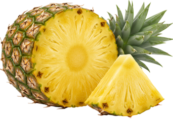Pineapple cut in half with a wedge isolated on transparent background