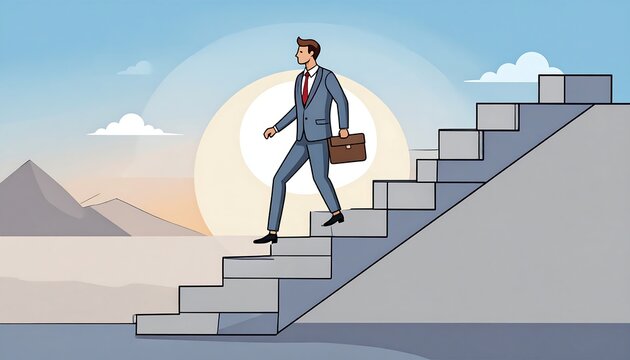 Businessman climbing stairs, sunrise background - Powered by Adobe