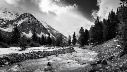 snowy mountain terrain with trees and flowing river in a black and white summer photograph