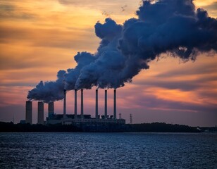rising columns of smoke from industrial chimneys against a moody sky at dusk