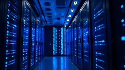 An abstract view of a server room with a atmospheric glow from numerous blue LED lights creating a gradient effect.
