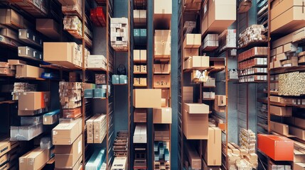 Fototapeta premium High angle view of warehouse shelves filled with boxes and products