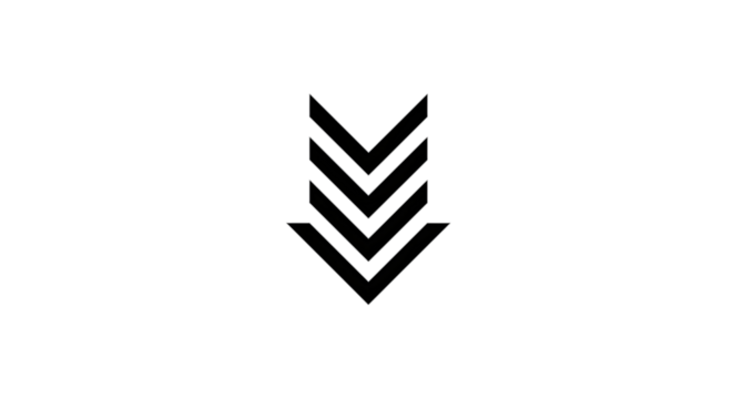 Black arrow isolated on white background, arrow png. Three chevron shapes stacked vertically, pointing downwards, in a simple, minimalist design.
