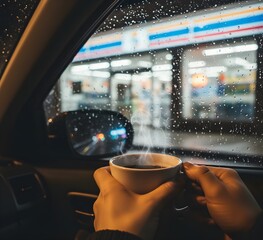 A Cozy Moment with Coffee on a Rainy Night Road Trip (POV)