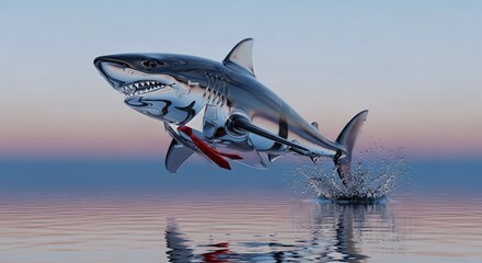 Metallic Shark Wearing Red Tie Jumping from Water at Dusk