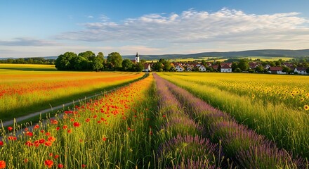 Colorful fields scenic village