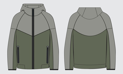 Long sleeve hoodie jacket vector illustration template front and back views