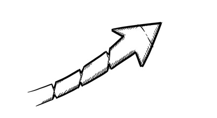 Black arrow isolated on white background, arrow png. A diagonally upward pointing arrow, segmented into rectangular sections, depicted in a hand-drawn style.