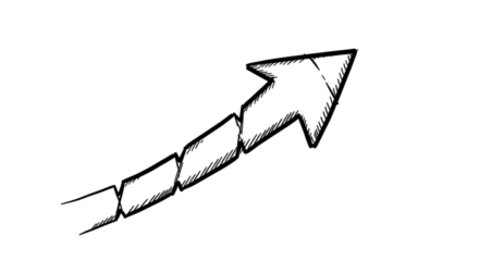 Black arrow isolated on white background, arrow png. A diagonally upward pointing arrow, segmented into rectangular sections, depicted in a hand-drawn style.