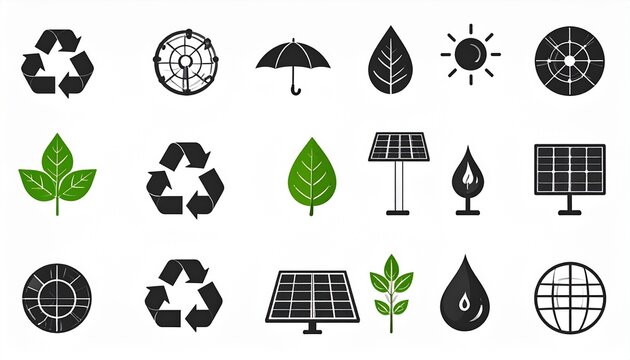 Vector icon collection representing environmental sustainability, renewable energy, and recycling symbols for green projects and eco-friendly initiatives