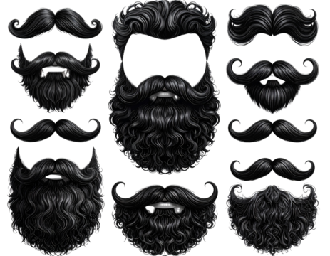 Stylish Facial Hair PNG Elements – Curly Beard and Mustache Set