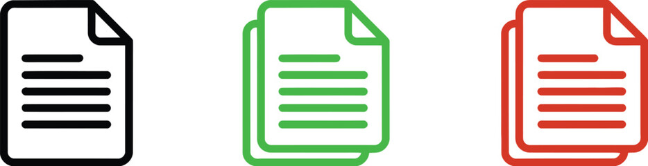 Three clean document icons in black, green, and red hues, symbolizing data or information.