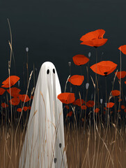 Sheet ghost standing in a field of poppies with black background.