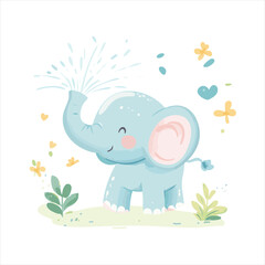 Cute light blue elephant spraying water, surrounded by flowers and leaves