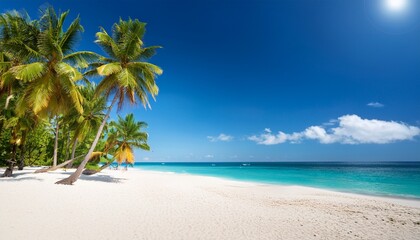 Fototapeta premium beautiful tropical beach with tall palm trees white sandy shore and clear blue sky under the shining sun