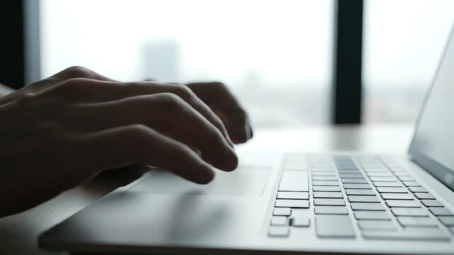 Close up of hands typing on a modern laptop keyboard and using touchpad by a bright window symbolizing focused work business remote learning or digital tasks in