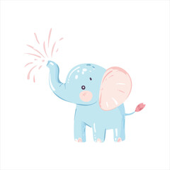 Cute light blue elephant with pink accents, spraying festive pink fireworks