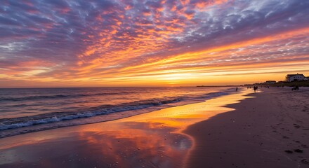 Fototapeta premium Vibrant Sunset Over Serene Beach with Colorful Sky Reflections.