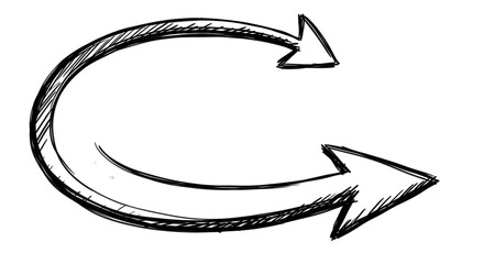 Black arrow isolated on white background, arrow png. Hand-drawn illustration of a curved arrow, depicting direction and circular movement.