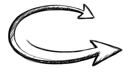 Black arrow isolated on white background, arrow png. Hand-drawn illustration of a curved arrow, depicting direction and circular movement.
