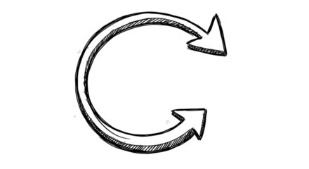 Black arrow isolated on white background, arrow png. Hand-drawn illustration of a circular arrow with two arrowheads pointing in opposite directions.