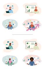 Business analytics corporate set of illustrations with diverse ethnicities (muslim, hijabi, black, african, asian)