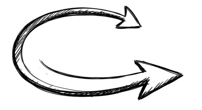 Black arrow isolated on white background, arrow png. Hand-drawn illustration of a curved arrow, depicting direction and circular movement.