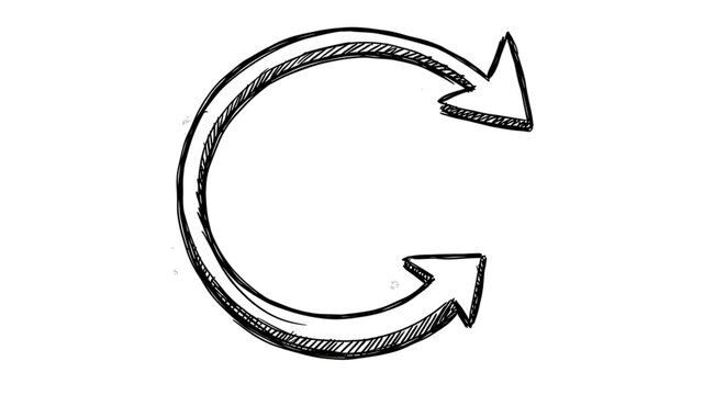 Black arrow isolated on white background, arrow png. Hand-drawn illustration of a circular arrow with two arrowheads pointing in opposite directions.