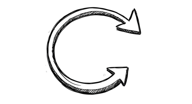 Black arrow isolated on white background, arrow png. Hand-drawn illustration of a circular arrow with two arrowheads pointing in opposite directions.