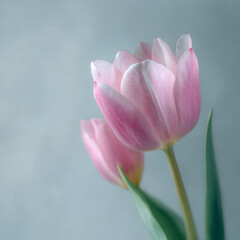 Fototapeta premium Soft pink tulips bloom gently against a muted bluegrey textured background, evoking a sense of delicate spring beauty and floral elegance