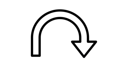 Black arrow isolated on white background, arrow png. A simple black arrow curves downward, indicating a U-turn or return, set against a clean white background.