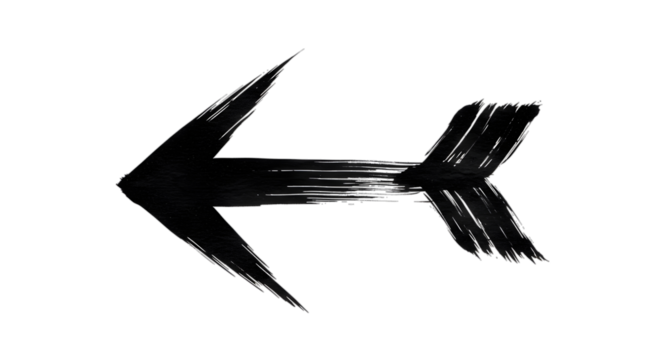 Black arrow isolated on white background, arrow png. A black, brushstroke arrow pointing left, created with ink on white background.