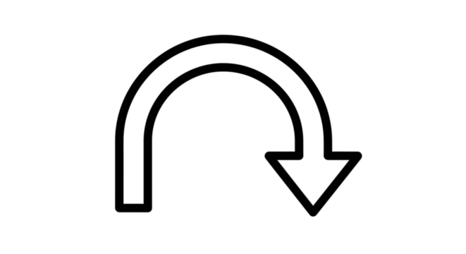 Black arrow isolated on white background, arrow png. A simple black arrow curves downward, indicating a U-turn or return, set against a clean white background.