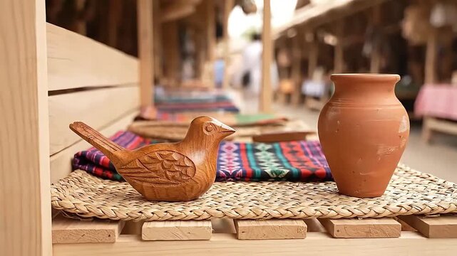 Handcrafted Wooden Bird Carving and Rustic Terracotta Pot Display in a Vibrant Traditional Artisan Market Authentic Folk Art and Handmade Goods