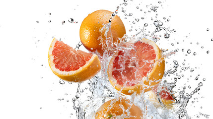 Refreshing grapefruit splashing through water with suspended droplets and atomized spray for a vibrant, healthy drink advertisement