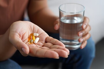 l close-up photograph of a woman taking dietary supplements in a clean medical style. One hand gently picks up vitamin D and vitamin C capsules, while the other hand holds a clear glass of water, read