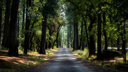 Obraz premium Sunlit gravel road winding through a dense forest of tall trees casting long shadows.