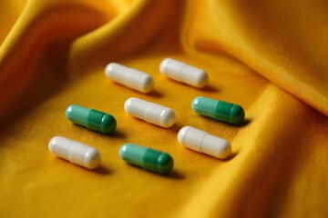  close-up of medicine capsules in white and green colors placed neatly on a smooth luxurious gold silk fabric background. 