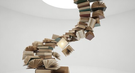 Dynamic Flow of Books with Radiant Light Symbolizing Knowledge and Education in an Abstract Space