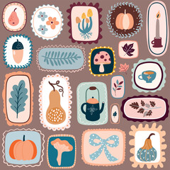 Autumn seamless pattern with elements in frames, seasonal aesthetic wallpaper, decorative design 