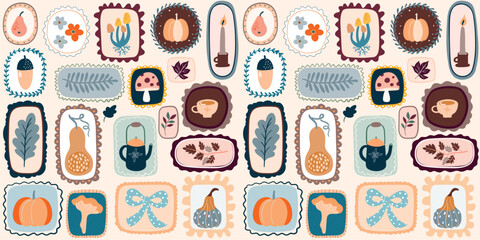 Autumn seamless pattern with elements in decorative frames, retro style wallpaper, seasonal  background