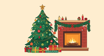 Festive christmas scene with decorated tree gifts and cozy fireplace anticipation