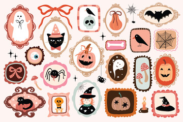 Halloween collection with cute vintage  elements in frames, coquette decorative set