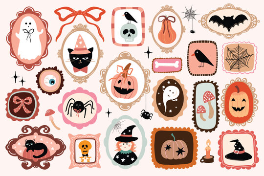 Halloween collection with cute vintage  elements in frames, coquette decorative set